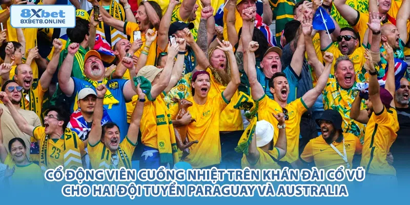 Cổ động viên cuồng nhiệt trên khán đài cổ vũ cho hai đội tuyển Paraguay và Australia.