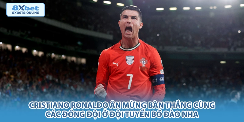 Cristiano Ronaldo ăn mừng bàn thắng cùng các đồng đội ở đội tuyển Bồ Đào Nha.
